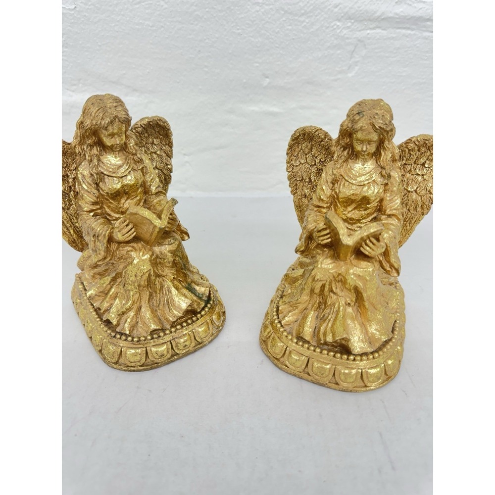 Vintage Gold Gilded Resin READING ANGELS Book Ends, Heavy & Solid